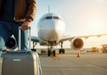 Traveler pulling rolling suitcase on airport tarmac walking towards airplane, ready for departure