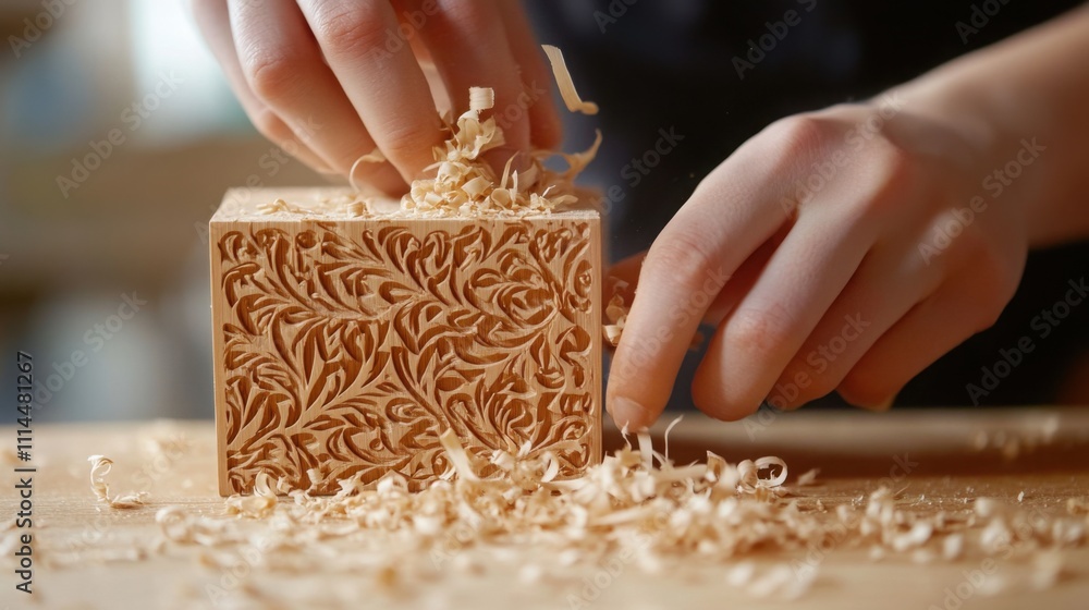Poster a detailed view of hands carving intricate patterns into a wooden block
