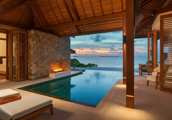 Modern villa with fireplace, infinity pool and ocean view at sunset, offering luxurious and relaxing getaway