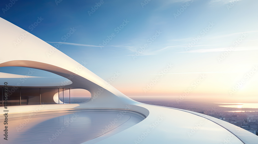 Poster Abstract architecture scene with smooth curves. Abstract background with futuristic building in white and blue colors.
