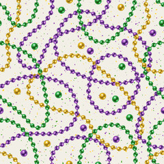 Seamless Mardi Gras pattern with randomly scattered beads, interlaced strings beads on white textured background. Wavy lines. Vintage style.