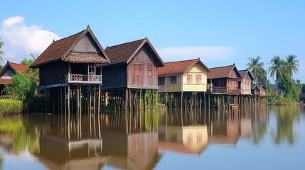 Obraz premium Water Village Houses on Stilts in the Calm River