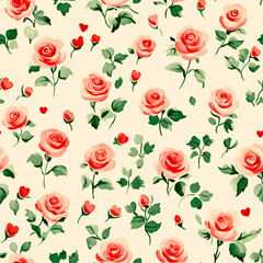 valentines day illustration with small cute roses and red hearts seamless repeating pattern tile