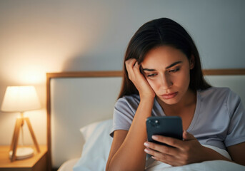 Sad young woman using mobile phone in bed at night, suffering from insomnia or sleep disorder