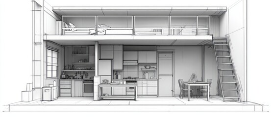 Modern architectural design showcases open living space with lofted area and functional kitchen layout