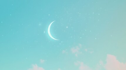 Crescent Moon and Stars in a Pale Blue Sky