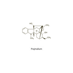Prajmalium flat skeletal molecular structure Class I antiarrhythmic drug used in arrhythmia treatment. Vector illustration scientific diagram.