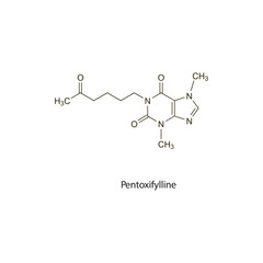 Pentoxifylline flat skeletal molecular structure vasodilator drug used in hypertension treatment. Vector illustration scientific diagram.