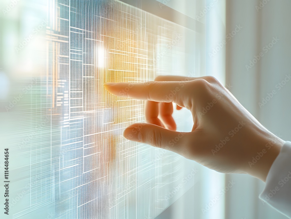 Poster Human Hand Touching Digital Interface with Glowing Patterns and Data Connections, Representing Technology, Innovation, and Modern Communication in a Bright Setting