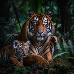 Obraz premium Mother tiger and playful cub in a lush jungle setting