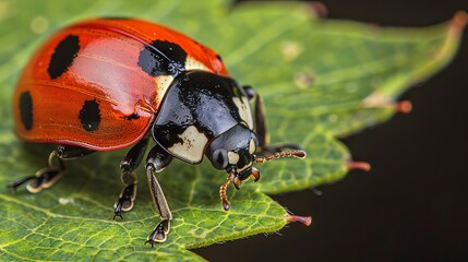 Obraz premium A close-up of a ladybug perched on a vibrant green leaf, showcasing its distinctive red and black colors.
