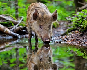 Wild boar drinking from quiet forest stream with reflection in tranquil water