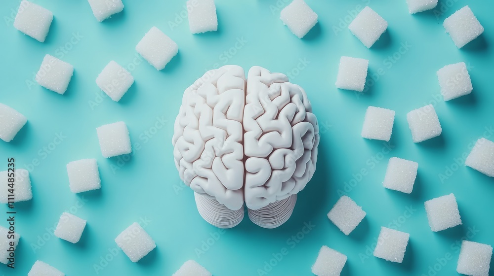 Aufkleber white anatomical brain model is surrounded by refined sugar cubes on a vibrant turquoise background,