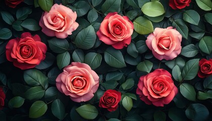 Obraz premium Pink and red roses with lush green leaves, romantic floral wallpaper
