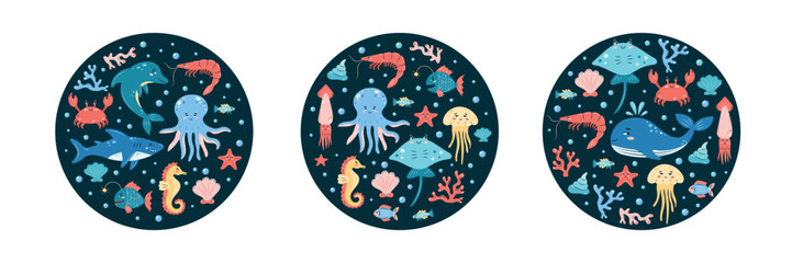Collection of 3 round interior posters with marine animals on dark background. Character in children's style. vector illustration.