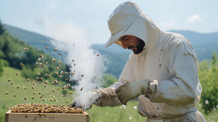 Beekeeper Using Smoker to Calm Bees Near Busy Hive on Hillside