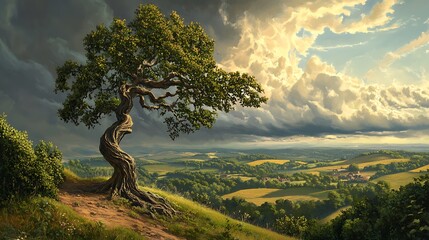 Ancient Twisted Tree Overlooking Rolling Hills Landscape