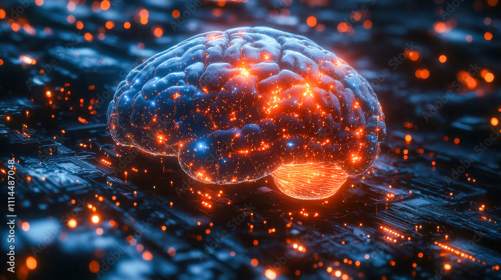 Aufkleber a glowing digital 3d brain model displayed over a futuristic circuit board background, symbolizing a