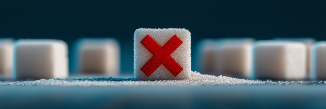 Red cross is depicted on a sugar cube, signifying a sugar free diet and promoting a healthy lifestyle by reducing sugar intake, surrounded by other sugar cubes on a dark blue background