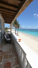 Obraz premium view of beach with palm trees and blue sea, tourist resort, tourism and travel