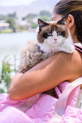 Woman holding a beautiful ragdoll cat in her arms by the lake