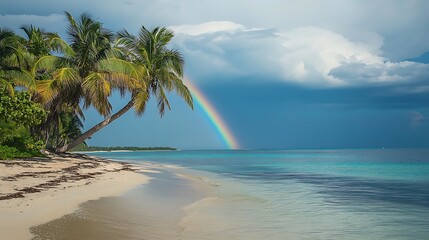 Fototapeta premium Tropical Beach Scene With Rainbow Over Ocean