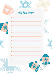 To Do List. A4 vertical template with a place for notes on the background of a winter patter