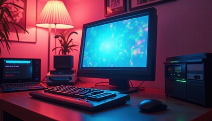 Fototapeta premium Retro computer scene with old CRT monitor, sunset view through the window, and vintage feeling