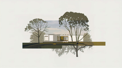 Collage of an architectural bureau, minimalist House and garden plan with trees, paths and greenery, symbolizing creativity of design.