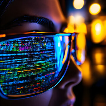 Computer program code reflection on glasses Cyber Information Data Software Encryption Security Technology Bokeh Backdrop
