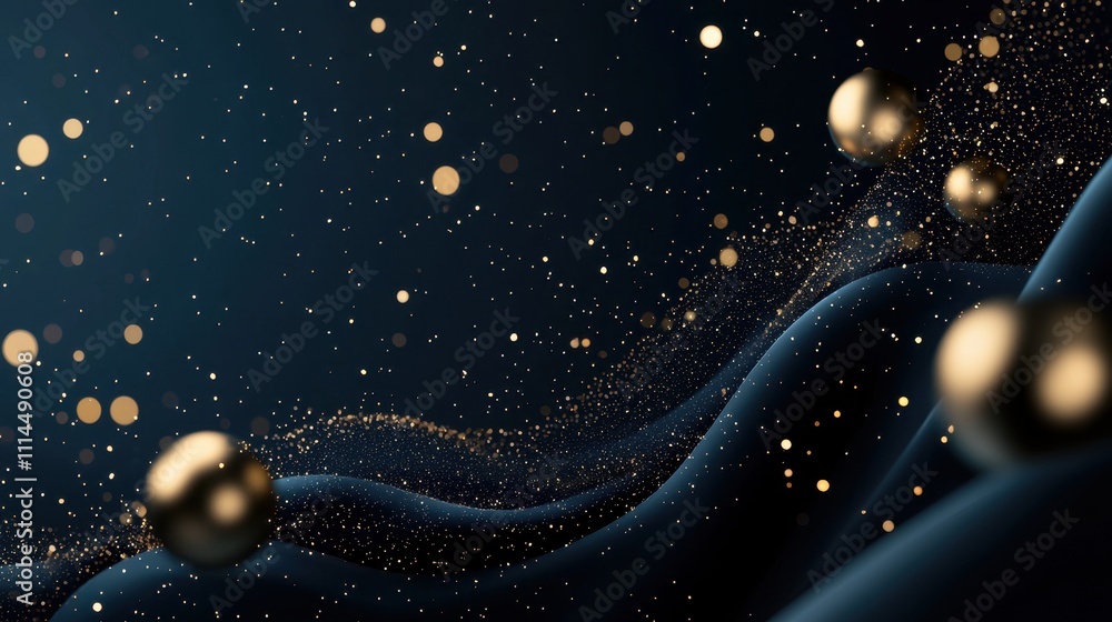 Poster enchanting midnight abstract backdrop with shimmering golden sphere elements and sparkling dots