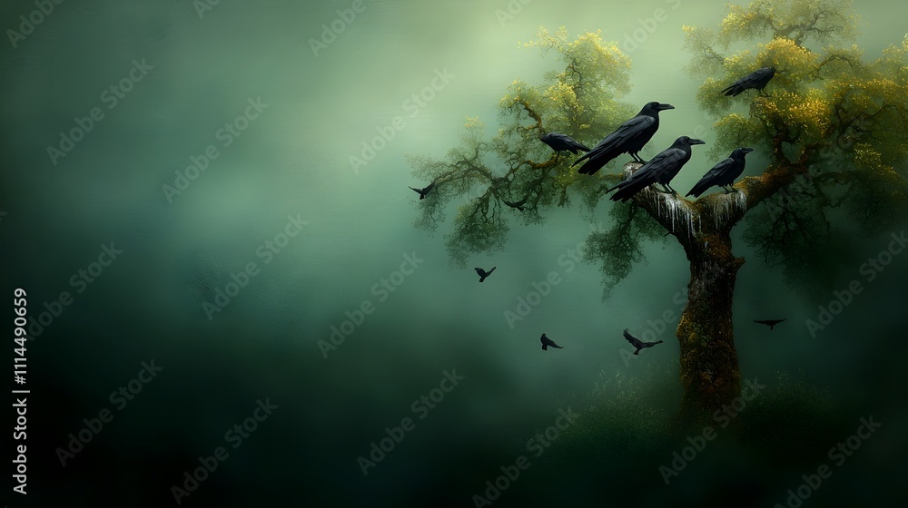 Poster ominous murder of crows perched ominously on a twisted weathered oak tree in a deep moody forest lan