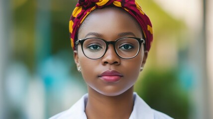 Portrait of a confident young woman wearing glasses and a colorful headscarf outdoors
