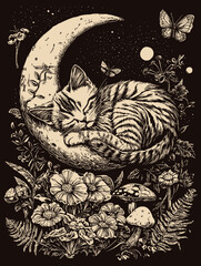Cute Cat Kitten / Enchanted Cottagecore Forest Fairycore Aesthetic with Mushrooms, Glowing Lights, and Rustic Charm in Nature