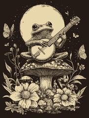 Frog Playing Banjo / Enchanted Cottagecore Forest Fairycore Aesthetic with Mushrooms, Glowing Lights, and Rustic Charm in Nature