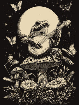 Frog Playing Banjo / Enchanted Cottagecore Forest Fairycore Aesthetic with Mushrooms, Glowing Lights, and Rustic Charm in Nature