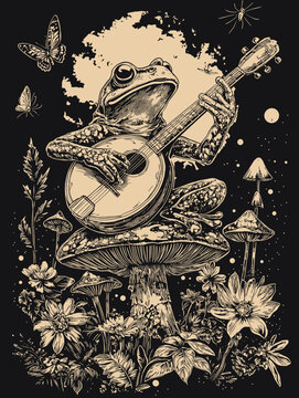 Frog Playing Banjo / Enchanted Cottagecore Forest Fairycore Aesthetic with Mushrooms, Glowing Lights, and Rustic Charm in Nature