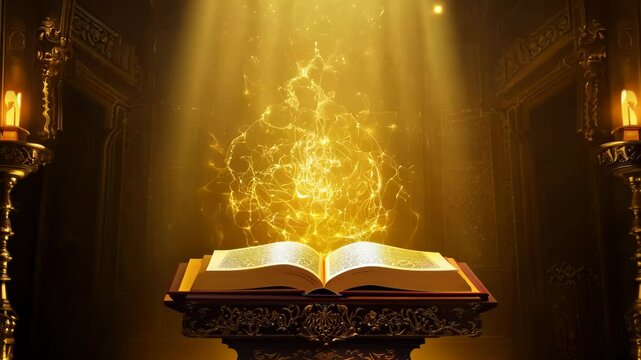 Golden magic book with spells, golden glow around