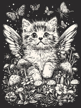 Cute Cat Kitten / Enchanted Cottagecore Forest Fairycore Aesthetic with Mushrooms, Glowing Lights, and Rustic Charm in Nature