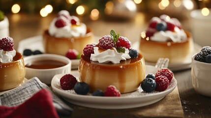 A festive dining table featuring caramel flan in individual ramekins.