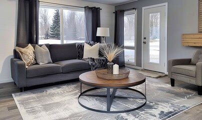 A living room with a large grey couch and a coffee table