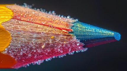 Close-up macro shot of a vibrant colored pencil tip covered in tiny water droplets.