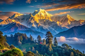Aerial view of the Kanchenjunga mountain range with majestic snow covered peaks and vast natural beauty, ideal for Wallpaper Background.