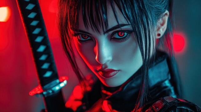 Close up of futuristic Cyberpunk Cosplay Samurai woman. Ai generated image