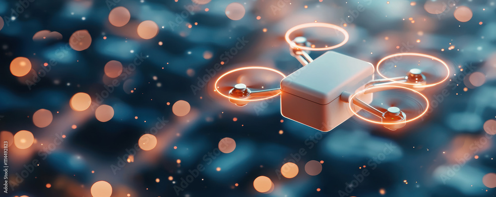 Poster a drone hovers above a shimmering surface, illuminated by soft lights, showcasing advanced technolog