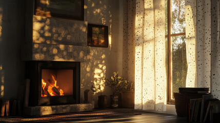 A nearby fireplace casts flickering shadows on the curtain, creating a cozy and dynamic interplay of light.