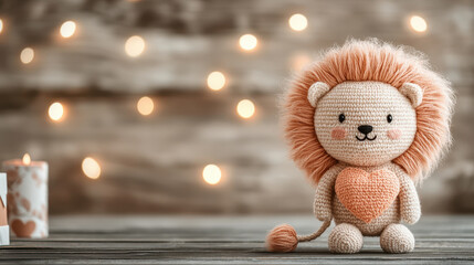 Knitted animal for Valentine. A cute crocheted lion toy with a fluffy mane stands on a wooden surface, surrounded by soft bokeh lights, creating a warm, cozy ambiance.