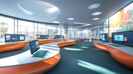 Modern futuristic classroom with curved desks, large windows, and multiple screens displaying educational content.