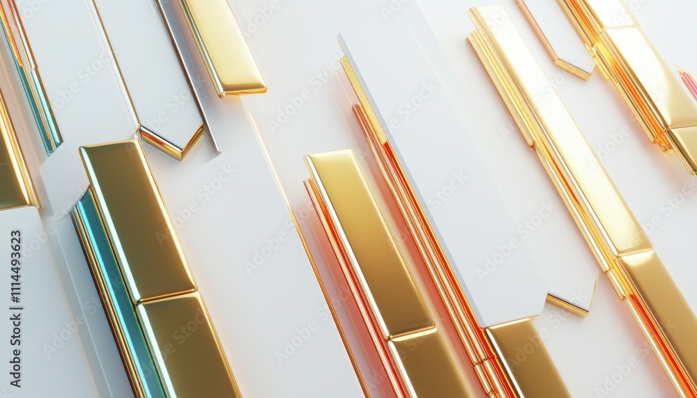 Poster abstract design featuring shiny, golden and colorful strips arranged on a white background, creating