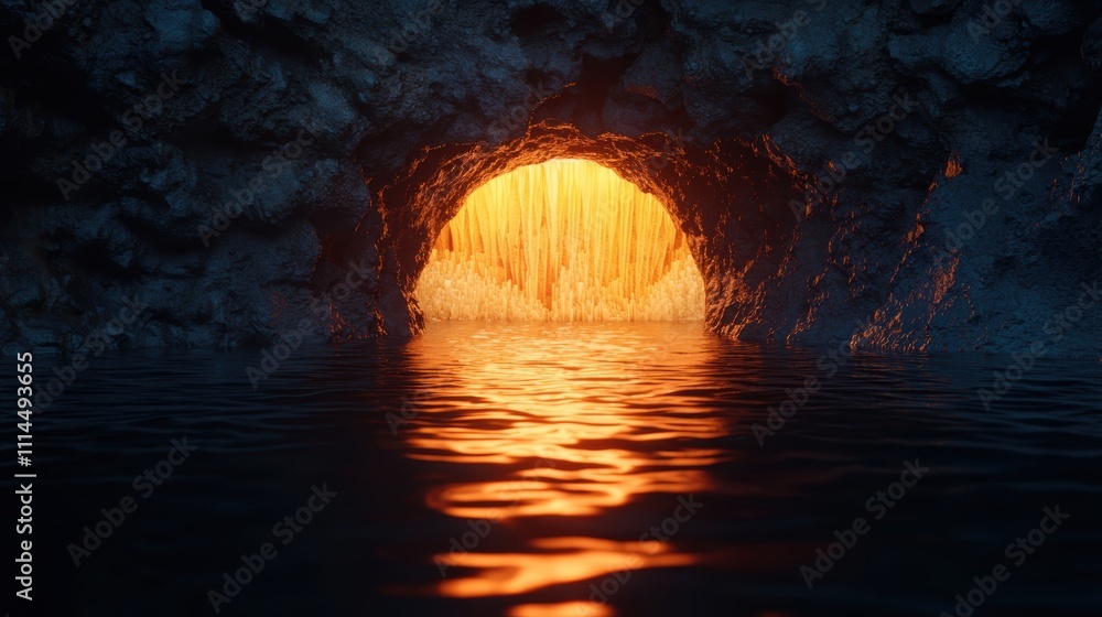 Poster a serene view of glowing water flowing through a rocky tunnel, illuminated by warm light, creating a